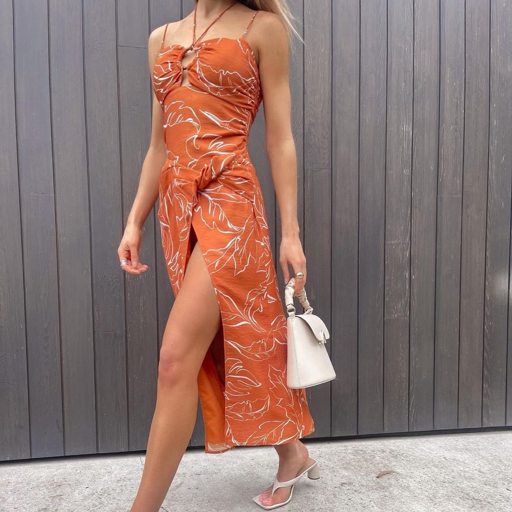 Finders Keepers “Soiree” Copper Palm Midi Dress